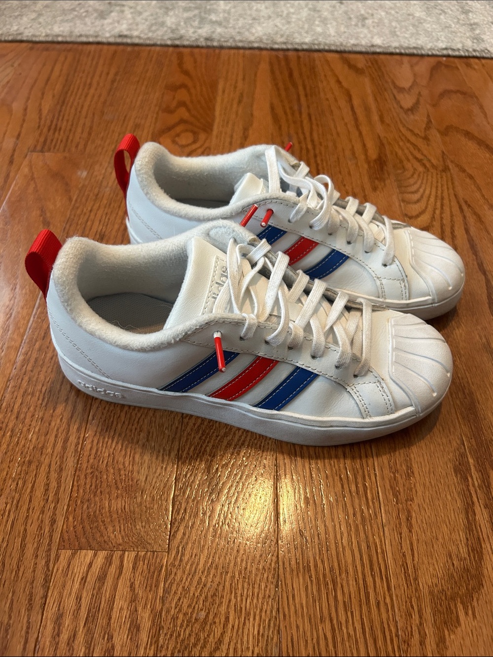 Boys ADIDAS White Sneaker with Red & Blue Stripes - Classic Low Top